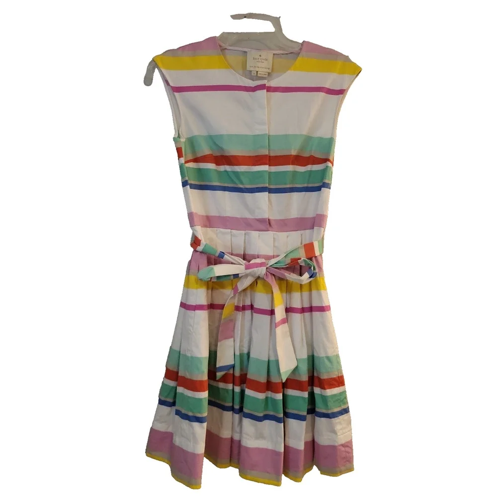 KATE SPADE Sweet Candy Multi Cape Stripes Shirtdress Pleated Front sz 2 Twee